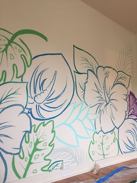 Tropical Flower Mural, Hibiscus Mural, Hawaiian Mural, Mural Art Tropical, Coastal Mural, Hawaii Bedroom, Tropical Mural, Mural Tropical, Bathroom Mural