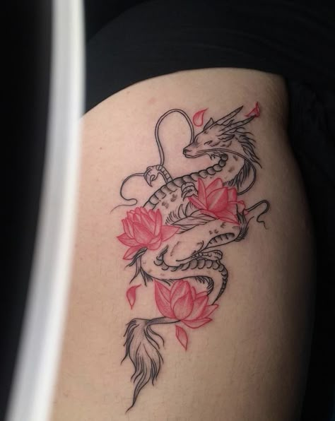 Delicate Leg Sleeve Tattoo, Dragon And Lotus Tattoo, Hip Tattoos Women Dragon, Dragon Tattoo Thigh, Girly Dragon Tattoo, Pink Dragon Tattoo For Women, Lotus Flower Dragon Tattoo, Floral Dragon Hip Tattoo, Feminine Back Tattoos