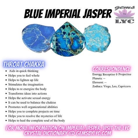 For more information on Blue Imperial Jasper, please visit the LYC Crystal dictionary by clicking the link Imperial Jasper Meaning, Crystal Dictionary, Jasper Stone Meaning, Jasper Properties, Jasper Meaning, Jasper Crystals, Mala Making, Blue Jasper, Human Design System