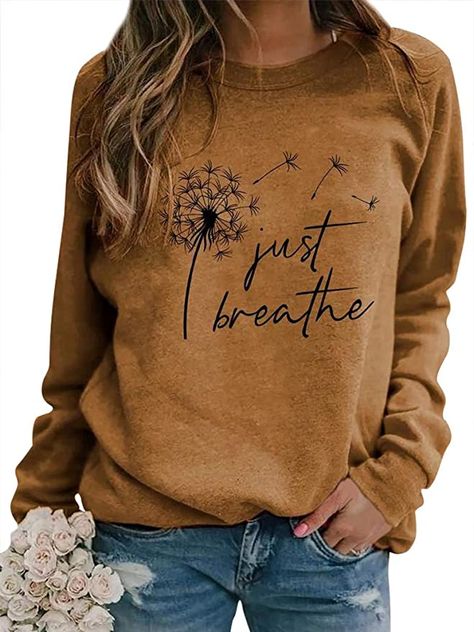 RMCMS Women Just Breathe Letter Print Dandelion Graphic Pullover Sweatshirt Crew Neck Long Sleeve Sweatshirt Top Khaki at Amazon Women’s Clothing store Mode Rose, Idee Cricut, Winter Wardrobe Essentials, Slogan Sweatshirt, Womens Fall Dress, Fall Winter Wardrobe, Sweaters And Jeans, Outerwear Women, Winter Wardrobe