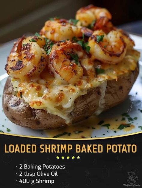 The Pioneer Woman - Ree Drummond❤️🌹❤️ | Loaded Shrimp Baked Potato | Facebook Shrimp Baked Potato Recipe, Loaded Shrimp Baked Potato, Shrimp Baked Potato, Baking Potatoes, Seafood Bake, Loaded Mashed Potatoes, Baked Potato Recipes, Baked Shrimp, Loaded Baked Potatoes