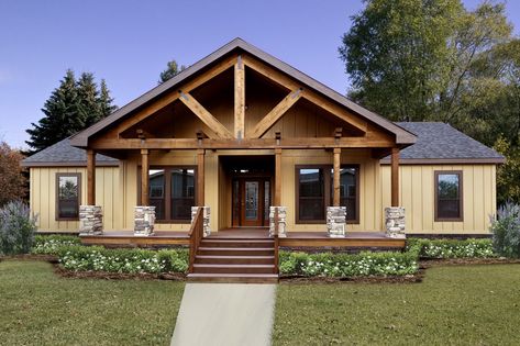 Rustic modular home – resembling double-wide mobile or manufactured homes Metal Shop Houses, Renovation Facade, Modular Home Floor Plans, Building A Porch, Casa Exterior, Log Cabin Homes, House With Porch, Metal Building Homes, Porch Design