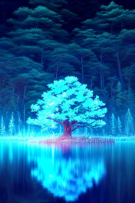 Blue Tree Aesthetic, Majestic Tree, Blue Tree Wallpaper, Tree In Water, Blue Trees, Vibrant Blue, Fantasy Lake, Dream Moon, Water Artwork