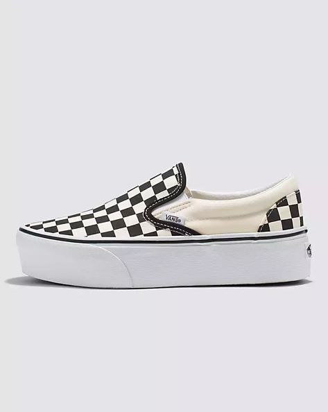 Vans | Classic Slip-On Stackform Checkerboard Black/Classic White Shoe | Vans Vans Platform Slip On, Womens Vans Shoes, Cloth Closet, Platforms Aesthetic, Cool Vans Shoes, Vans Shoes Fashion, What I Got For Christmas, Pink Checkerboard, Platform Vans