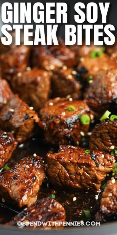 Juicy and tender steak bites can be used as an appetizer or an entrée. Great for parties or batch cooking, steak bites deliver savory flavor. #spendwithpennies #steakbites #recipe #appetizer #fried #easy #tender #juicy #best #keto Ginger Steak, Steak Bites Using Stew Meat, Steak Bites With Stew Meat, Tender Steak Bites, Sweet And Spicy Steak Bites, Soy Sauce Steak Bites, Asian Steak, Asian Steak Bites, Steak Bites Recipe