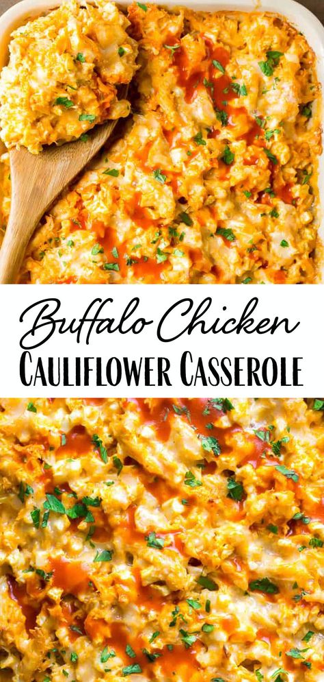 Creamy Buffalo Chicken Cauliflower Casserole - an easy recipe great for those on keto, low carb and/or gluten free diets. This casserole bake is loaded with spicy buffalo chicken sauce, chunks of chicken, and cauliflower rice - a delicious tasting freezer friendly meal. All mixed with a delicious blend of cheeses. | #dlbrecipes #lowcarbrecipes #ketorecipes #buffalochicken #glutenfreerecipes #freezerfriendly #freezermeal Freezer Meals Chicken, Buffalo Chicken Cauliflower Casserole, Buffalo Chicken Cauliflower, Chicken Cauliflower Casserole, Creamy Buffalo Chicken, Chicken Freezer Meals, Chicken Cauliflower, Cauliflower Rice Recipes, Cauliflower Casserole