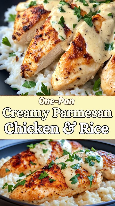 Chicken Recipes: One-Pan Creamy Parmesan Chicken & Rice Chicken Recipes For Dinner With Rice, Parmesan Chicken Sheet Pan Dinner, Quick Weeknight Meals Families, Creamy Chicken And Rice Instant Pot, Pre Made Chicken Recipes, Easy Chicken Pan Recipes, Healthy Chicken With Rice, Easy One Pan Chicken Recipes, Chicken Strip And Rice Recipes