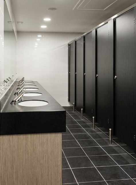 Black toilet cubicles Office Shower Design, Modern School Bathroom, Office Bathroom Design Small Spaces, School Washroom Design, Public Toilet Design Ideas, Commercial Toilet Design, School Toilet Design, Public Bathroom Aesthetic, Toilet Cubicle Design