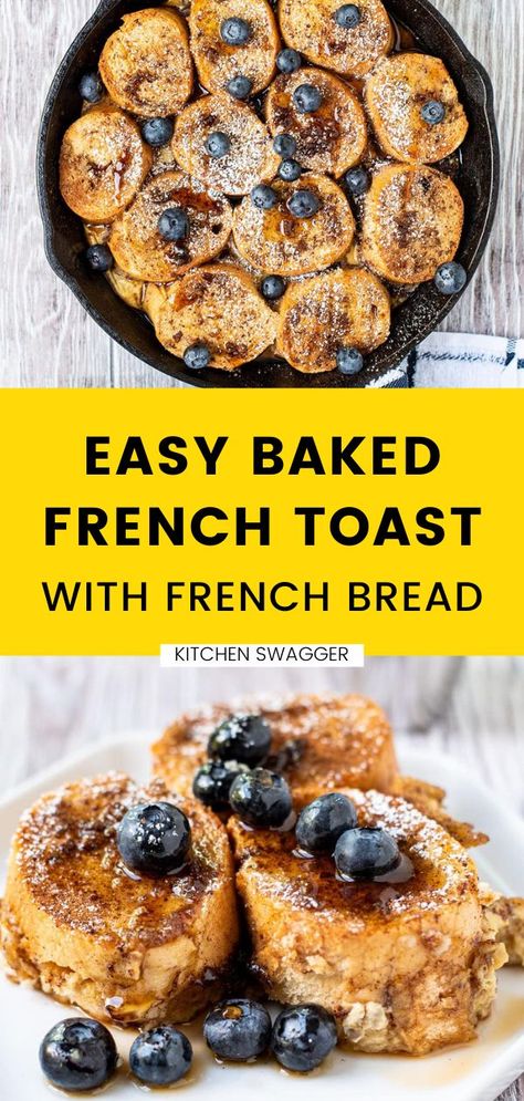 This easy baked French toast is the easiest French toast you'll ever make! It's made with a French baguette, and you won't even need to soak it overnight--unless you want to. It tastes like fried dough topped with maple syrup. I serve it dusted with powdered sugar and brown sugar for an elegant, delidious breakfast. Skillet French Toast, Easy Baked French Toast, Avocado Eggs Benedict, Kitchen Swagger, Baked French Toast Recipe, Brunch For A Crowd, Easy French Toast Bake, French Toast Bake Overnight, Weekend Brunch Recipes