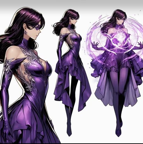 Purple Hero Suit Design Female, Fantasy Hero Outfits, Magic Outfits Drawing, Purple Hero Costume, Purple Superhero Suit Female, Purple Hero Suit, Villain Outfits Female Drawing, Hero Suits Design Female, Female Superhero Costumes Design