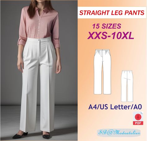 Classic Straight Leg Pants Sewing Pattern/XXS-10XL /High-Waisted Trousers Sewing Pattern/ Women's Classic Trouser PDF Pattern/Slacks Pattern Trousers Pattern Female, Slacks Pattern, Slack Pattern, Trousers Sewing Pattern, Unique Sewing Patterns, Diy Skirts, Diy Pants, Trousers Pattern, Pants Sewing