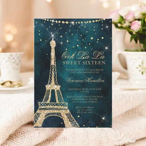 Eiffel tower teal gold glitter sparkle Sweet 16 Invitation Night In Paris Quincenera, Starry Night In Paris Theme, Midnight In Paris Party, Paris Themed Prom, Night In Paris Theme Party, Hoco Themes, Paris Theme Party Decorations, Valentines Banquet, Paris Sweet 16