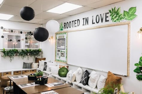 Classroom Themes Nature, Green Classroom Aesthetic, Frysc Office, Green Aesthetic Classroom, Leaf Classroom Theme, Grass Wall Classroom Decor, Green Classroom Decor Theme, Greenery Classroom Theme Middle School, Boho Plant Classroom