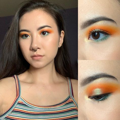 Green Orange Eye Makeup, Orange Green Eyeshadow, Orange Green Makeup, Green Orange Makeup, Easy Day Makeup, Mha Makeup, Anime Makeup Ideas, Melanie Martinez Concert Outfit, Orange Eyeshadow Looks