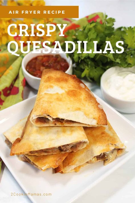 Air Fryer Quesadillas are a delicious, quick, and easy 4-ingredient lunch, dinner, or tasty appetizer that takes less than 15 minutes! Nothing beats air-fried crispy tortillas, filled with seasoned ground beef, refried beans, and melty cheese when you're in the mood for Mexican food. Serve them along with your favorite taco sides like guacamole, salsa, and sour cream. #quesadillas #airfryerquesadillas #easyrecipe #lunch #appetizer via @2CookinMamas Air Fryer Ground Beef Quesadilla Recipes, Ground Beef Quesadillas Air Fryer, Taco Sides, Quesadilla Recipes Beef, Ground Beef Quesadillas, Best Lunch Recipes, Guacamole Salsa, Airfryer Recipes, Melty Cheese