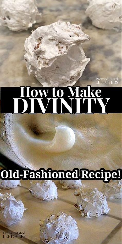 Learn how to Make Divinity candy with this homemade Divinity Recipe. The recipe includes a step-by-step picture tutorial showing how to make divinity from scratch, so you know how it should look at each step. Divinity makes a lovely and tasty food gift. Jello Divinity Recipe, Divinity Fudge, Divinity Recipe, Divinity Candy, Christmas Cookie Recipes Holiday, Peanut Brittle Recipe, Homemade Fudge Recipes, Brittle Recipes, Sweet Treats Desserts