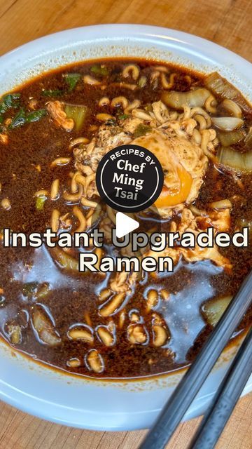 MingsBings on Instagram: "We’ve all had microwavable ramen... but have you had Chef @Mingtsai’s Instant Upgraded Ramen?? 🍜  INGREDIENTS 1 package Instant ramen (Choose one with chili oil and sauce, we used Samyang Hot Pepper JjaJang Ramen)  2 small heads bok choy, sliced into 1 inch pieces 2 scallions, sliced 20 oz of water  2 eggs Kosher salt and freshly ground black pepper  INSTRUCTIONS 1) In a medium saucepan, heat chili oil (if your ramen did not include oil, use 1 tbsp chili or neutral oil).  2) Add scallions and bok choy, sweat down. 3) Add 20 oz of water, bring to a boil, then add noodles. Cook for about 3 minutes.  4) Once the noodles have softened, crack two eggs directly into your pot so they sit on top of your noodles. Season eggs with S&P. Cover with a lid to cook eggs.  5) On Ramen Noodles With Boiled Egg, Instant Ramen Noodle Recipes, Upgraded Ramen, Chili Oil Ramen, Ramen Ingredients, Ramen Seasoning, Cook Eggs, Ramen Noodle Recipes, Instant Ramen