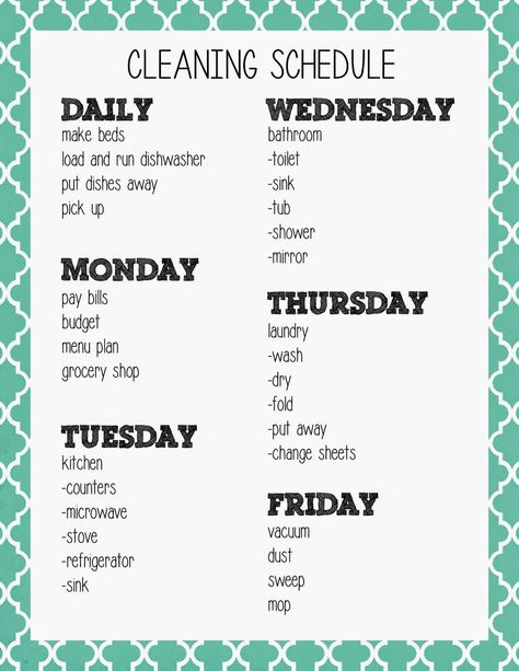 Cleaning Schedule--This seemed totally reasonable and doable until I saw that only one day a week is laundry day. Obviously this person doesn't have two young kids. Laundry Day Schedule, Laundry Schedule, Cleaning Routines, Shower Mirror, Clean Microwave, Day Schedule, Washing Laundry, Speed Cleaning, Family Rules