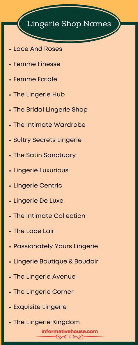 The Best Lingerie Shop Names to Enhance Your Wardrobe! -InformativeHouse Panty Selling Names, Fashion Store Names, Cute Business Names, Unique Business Names, Shop Name Ideas, Feminine Names, Boutique Names, French Names, Business Branding Inspiration