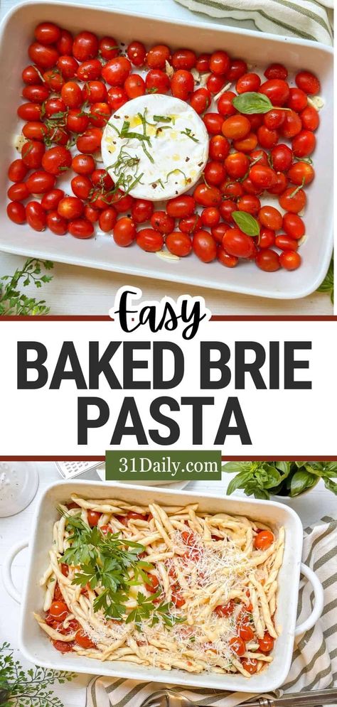 Try this easy and delicious Baked Brie Pasta recipe with cherry tomatoes, basil, and creamy brie cheese. A perfect dish for weeknight dinners or as a tasty dip! Brie Cherry Tomatoes Pasta, Pasta Brie Recipe, Brie And Tomato Pasta, Tomato Brie Pasta, Brie Tomato Pasta, Baked Brie Tomato Recipes, Baked Brie Pasta With Cherry Tomatoes, Feta Cherry Tomato Pasta, Pasta With Brie Cheese