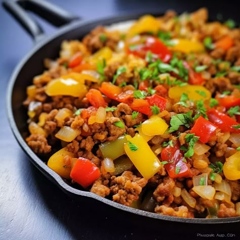 Ground Beef and Peppers Skillet Ground Beef And Pepper Skillet, Hamburger Peppers Onions Ground Beef, Bell Pepper Skillet Ground Beef, Ground Beef With Peppers And Onions, Ground Beef And Peppers Skillet, Recipes Using Green Peppers, Ground Beef And Peppers Recipe, Ground Beef Skillet Recipes, Ground Beef And Peppers