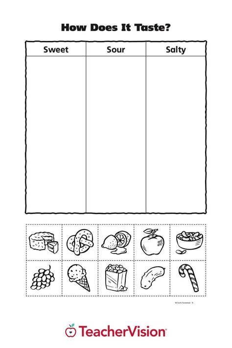 Taste Worksheets Preschool, Sweet Sour Salty Bitter Worksheets, Culinary Worksheets, Food Activities For Kindergarten, Sense Of Taste Worksheet, Food Activity For Kids, Candy Activities For Kids, Taste Activities, Food Activities For Kids