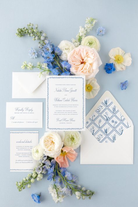 An elegant wedding invitation featuring a blue garden trellis envelope liner. Work directly with an experienced stationery designer to customize yours! PIECES INCLUDED: - Wedding Invitation Card (5x7 inches) - Reply Card (4Bar Size) - Reply Envelope - Optional Details Card (3.5 x 5 inches) - Outer Envelope with Blue Floral Trellis Envelope Liner - GUEST AND RETURN ADDRESSING INCLUDED! - Free Shipping to the US! PAPER: Invitations are digitally printed on 120 lb premium eggshell paper. A gorgeous Sky Blue Wedding Invitations, Cornflower Blue Wedding Palette, Garden Party Themed Wedding, Colorful Wedding Scheme, Blue Wedding Scheme, Periwinkle Wedding Colors, Colourful Wedding Invitations, Blue And Pink Wedding Invitations, Light Blue And Pink Wedding