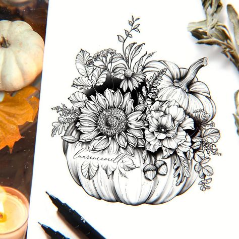 Autumn Tattoo Ideas, Tattoo Design For Women, Pumpkin Tattoo, Autumn Tattoo, Stencil Outline, Pumpkin Sunflower, Star Tattoo Designs, Tattoo Zeichnungen, Meaningful Tattoos For Women