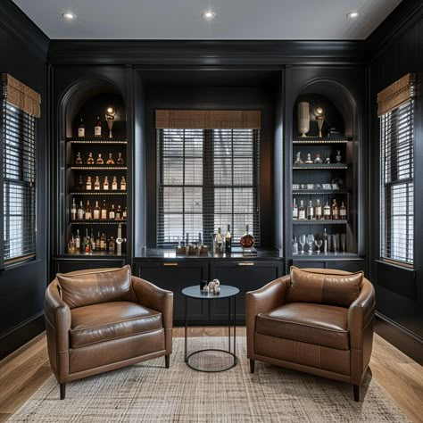 Men’s Sitting Room, Mancave Design Ideas, Moody Wine Room, Home Office Bar Ideas, Bourbon Room Man Cave, Speakeasy Man Cave, Men Cave Ideas Room, Man Cave With Bar, Masculine Basement