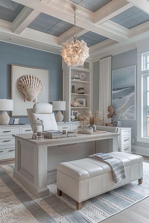 White Feminine Office, Reading Area In Office, Bloxburg Study Area Ideas, Light Blue Office Design, Blue And White Office Ideas, Beach Inspired Office, Costal Office Room, Coastal Accent Wall Ideas, Coastal Home Office Ideas