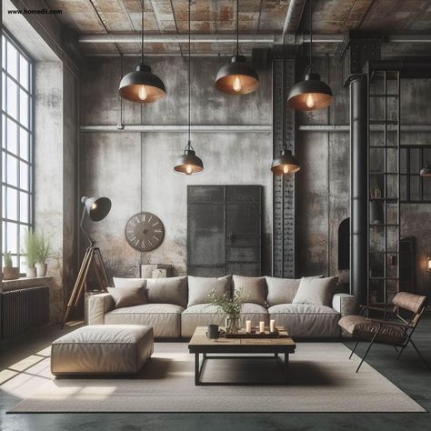 Industrial Living Room Design Ideas: Opt For Distressed Furniture, industrial living room decor, industrial living room ideas, industrial living room interior, industrial living room design, industrial living room inspiration #industriallivingroom #industrial #livingroomideas #livingroomdesign #livingroom Industrial Comfort Room Design, Industrial Loft Living Room, Loft Living Room Decor, Loft Living Room Design, Sala Industrial, Rustic Industrial Living Room, Modern Industrial Loft, Modern Industrial Living Room, Loft Living Room