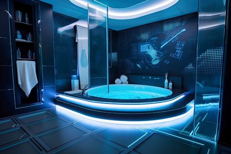 Cyberpunk Bathroom Designs Cyberpunk Bathroom, Futuristic Bathroom Design, Contemporary Bathroom Inspiration, Cyberpunk Interior, Futuristic Bathroom, Futuristic Room, Sunken Bathtub, Futuristic Bedroom, Mid Journey