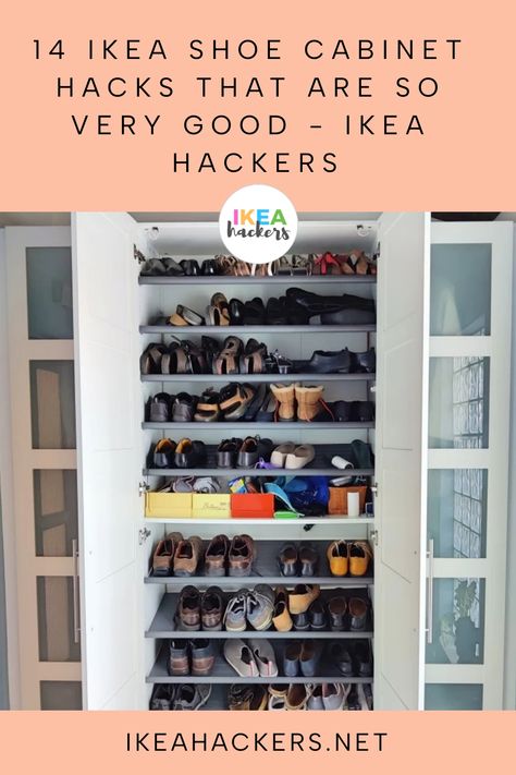 Shoe Cabinet Garage, Shoe Storage For A Lot Of Shoes, Shoe And Bag Storage Ideas, Lots Of Shoes Organization, Glass Shoe Cabinet, Ikea Shoe Closet Hack, Pax Wardrobe Shoe Storage, Ikea Billy Bookcase Shoe Storage, Besta Ikea Shoe Storage