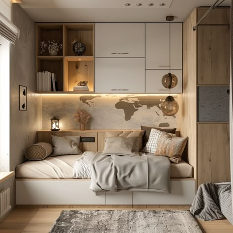 13 Genius Small Bedroom Ideas To Maximize Your Space - DreamyHomeStyle Built In Bed For Small Bedroom, Space Saving Teenage Bedroom, Built In Double Bed Small Room, Study Bedroom Ideas Small Spaces, Small Study And Bedroom Combined, Small Single Room Ideas, Tiny Bedroom Ideas Storage, Studio Room Design Small Spaces, Tiny Single Bedroom Ideas