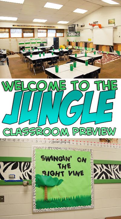 Such a cute jungle classroom theme...the decorations are all inexpensive and easy to DIY! There are ideas for a rules tree bulletin board, a tiki hut reading area, and activities for a kindergarten/first grade classroom. Jungle Theme Classroom Preschool, Jungle Bulletin Board Ideas, Daycare Classroom Themes, Valentine Bingo Free Printable, Rainforest Classroom Theme, Jungle Classroom Door, Safari Bulletin Boards, Classroom Data Wall, Jungle Bulletin Boards