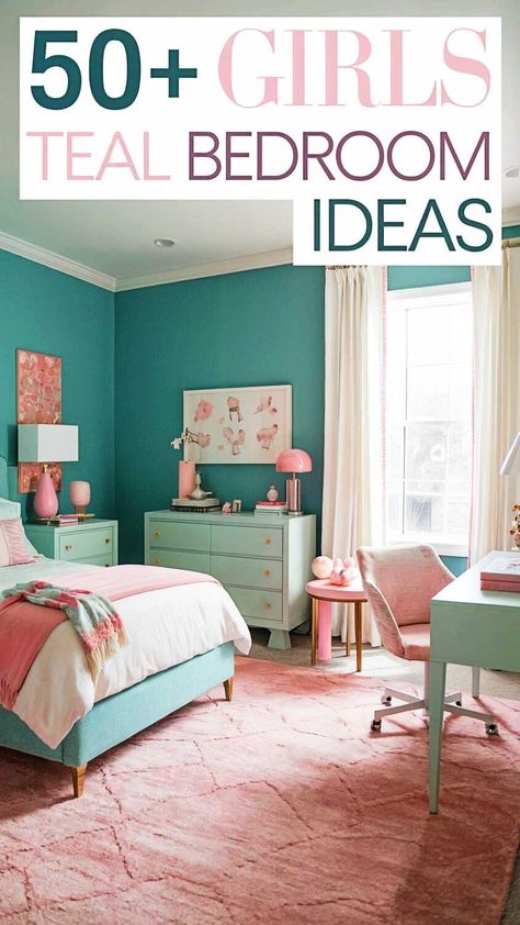 50+ Girls Teal Bedroom Ideas Teal And Blush Pink Bedroom, Teal And Leopard Bedroom, Bright Funky Bedroom, Mint And Purple Bedroom, Teal Pink Purple Bedroom, Teal Wall Colors Bedroom, Palm Beach Inspired Bedroom, Sherwin Williams Tidewater Bedroom, Cyan Room Ideas