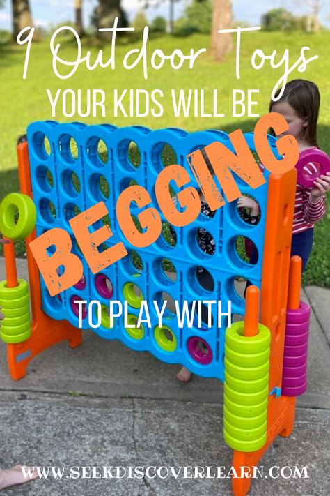 Need your kids to go play outside for awhile? If you have these toys they will be begging to go outside and play. Jumbo connect four, laser tag, saucer swing, geometric climbing dome, etc. I've also included my kids reviews/opinions, so you can see just how great these outdoor toys are. These are the best outdoor toys for kids age 4-12. Preschoolers and elementary age kids will be engaged with these toys for hours of outdoor fun. Enjoy some peace and quiet as you send your kids outside. Cool Outdoor Toys, Outside Toys For Preschoolers, Outdoor Montessori Toys, Yard Activities For Kids, Jumbo Connect 4, Backyard Toys For Older Kids, Outside Toys For Kids Backyards, Outdoor Toy Ideas, Playground Toys For School