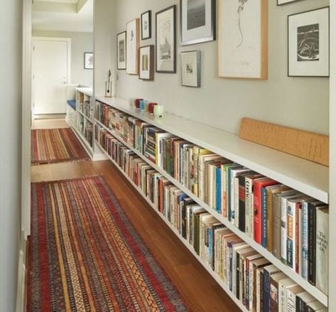 Low Bookshelves, Small Hallway Ideas, Apartment Entryway, Narrow Hallway Decorating, Hallway Design, Light Wood Floors, Home Library Design, Bookshelf Design, Hallway Storage