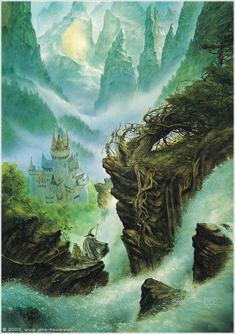 Descent into Rivendell (Pt. 2) ~ John Howe.  This must be the scene when Gandalf is returning Bilbo to Hobbiton toward the end of 'The Hobbit', and they spend some time in Rivendell. Tolkien Illustration, Minas Tirith, Alan Lee, John Howe, Middle Earth Art, Tolkien Books, Tolkien Art, Lotr Art, Fellowship Of The Ring