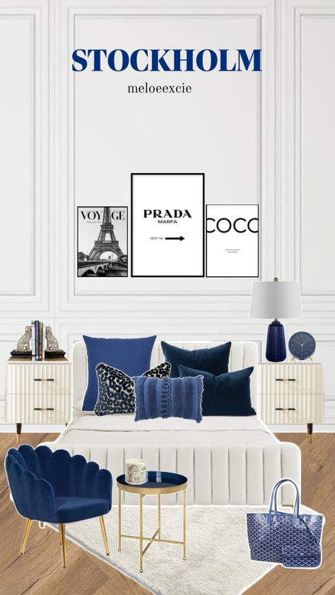 Navy Blue Room Inspiration, City Aesthetic Bedroom, Room With Navy Blue Accents, Room Ideas Stockholm Style, Navy Room Aesthetic, Dark Blue Room Decor, Room Ideas Navy Blue, Blue Decor Bedroom, Navy Blue Room Decor