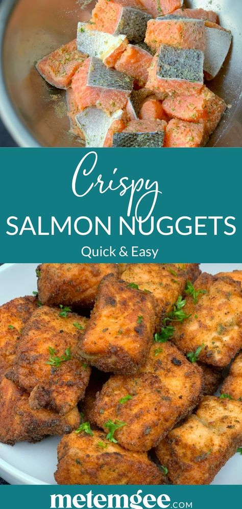 Crispy salmon nuggets are coated in well-seasoned breadcrumbs and then deep-fried to tender golden perfection. This recipe has Whole30 and Paleo options, as well as air fryer and oven instructions. Serve these delicious salmon bites as an appetizer, snack, or main course. Salmon Nuggets, Fried Salmon Recipes, Salmon Bites Recipe, Crispy Salmon, Salmon Bites, Pan Fried Salmon, Nuggets Recipe, Fried Salmon, Salmon Seasoning