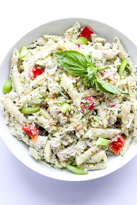 Creamy pesto chicken pasta made with healthy Greek yogurt, vegetables, and cooked chicken | littlebroken.com @littlebroken Pesto Pasta Recipes Chicken, Creamy Pesto Chicken Pasta, 400 Calorie Meals, Healthy Greek Yogurt, Fitness Pal, Work Lunches, Pesto Chicken Pasta, My Fitness Pal, Making Lunch