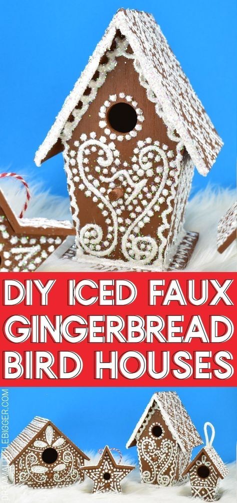 DIY Iced Faux Gingerbread Birdhouses ⋆ Dream a Little Bigger Holiday Birdhouses, Faux Gingerbread, Diy Gingerbread, Easy Gingerbread, Hand Painted Birdhouses, Bird Houses Ideas Diy, Gingerbread Diy, Vintage Christmas Crafts, Gingerbread Crafts