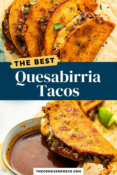 Quesabirria Tacos Recipe, Birria Meat, Birra Tacos, Quesabirria Tacos, Beef Birria Recipe, Beef Tacos Recipes, Spicy Tacos, The Cookie Rookie, Recipes Authentic