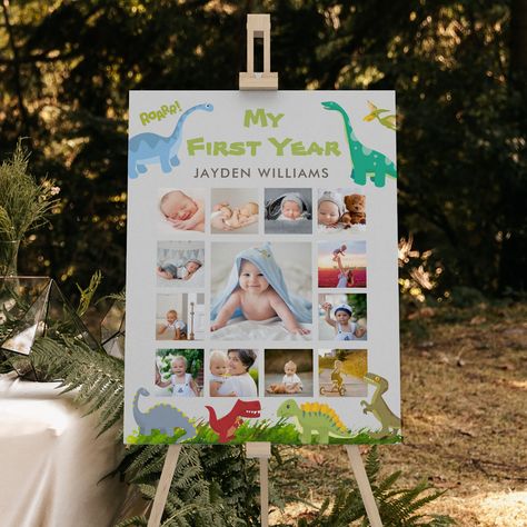 Baby Photo Collages, Foam Board Sign, Dinosaur Birthday Theme, Boys 1st Birthday Party Ideas, Dinosaur Themed Birthday Party, Birthday Photo Banner, Dinosaur First Birthday, Theme Pictures, 1st Birthday Photos