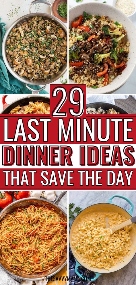 A collage of last-minute dinner ideas, including beef stir-fry with rice, pasta dishes, mac and cheese, and meatless skillet meals. Text overlay highlights quick and easy meal solutions. Cooking For Kids, Simple Dinner, Quick Easy Recipes, Quick Meal, Quick And Easy Recipes, Easy Dinner Ideas, Cooking With Kids, Save The Day, Quick Easy Meals