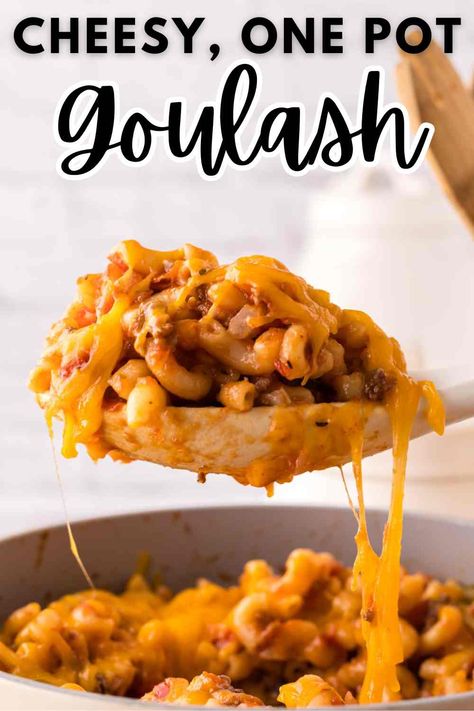 You have most likely had this one-pot slumgullion before, you just didn't know it! I've also heard it called American Goulash, and Beefy Mac! This is such an EASY meal! Ground beef, tomatoes, macaroni, and shredded cheese come together in one pot, perfect for the whole family! If you are looking for an old-fashioned goulash recipe with ground beef, this one is a winner! It all comes together on the stovetop and is ready in 30 minutes! I make mine is a skillet and it is the best goulash recipe! One Pot Dinners Beef, Goulash Recipes Cheesy, Goulash Recipes Easy Ground Beef And Tomato Soup, Cheesey Goulash, Cheesy Goulash Recipes, Goolosh Recipe, Mac Abd Cheese, Cheesy Goulash, The Best Goulash