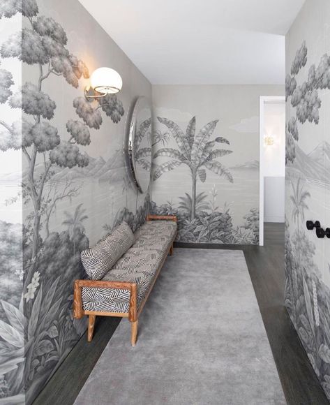 GRACIE on Instagram: “@markjcurley designed this hallway which may not have a window, but still features stunning views! . This is our sepia New World panoramic.…” Hallway Decorating Wallpaper, Foyer Decor Ideas, Long Foyer, Paper Jungle, Wallcovering Design, Entry Lighting, Manhattan Apartment, Hallway Designs, Hallway Design