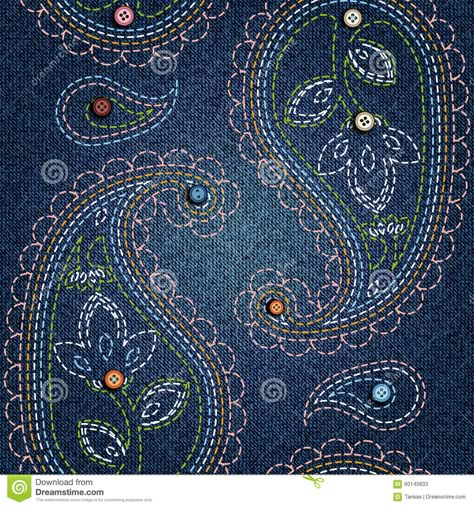 Illustration about Seamless background pattern. Texture of denim fabric with buttons and embroidery of paisley.. Illustration of fabric, texture, embroidery - 60145833 Paisley Embroidery, Kantha Embroidery, Sashiko Embroidery, Hand Work Embroidery, Embroidery Flowers Pattern, Pattern Texture, Creative Embroidery, Japanese Embroidery, Handwork Embroidery Design