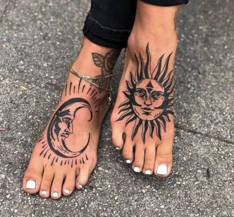 Sun And Moon Tattoos, Cute Foot Tattoos, Hippie Tattoo, Neotraditional Tattoo, Moon Tattoos, Vegan Tattoo, Foot Tattoos For Women, Tattoos For Black Skin, Leg Tattoos Women